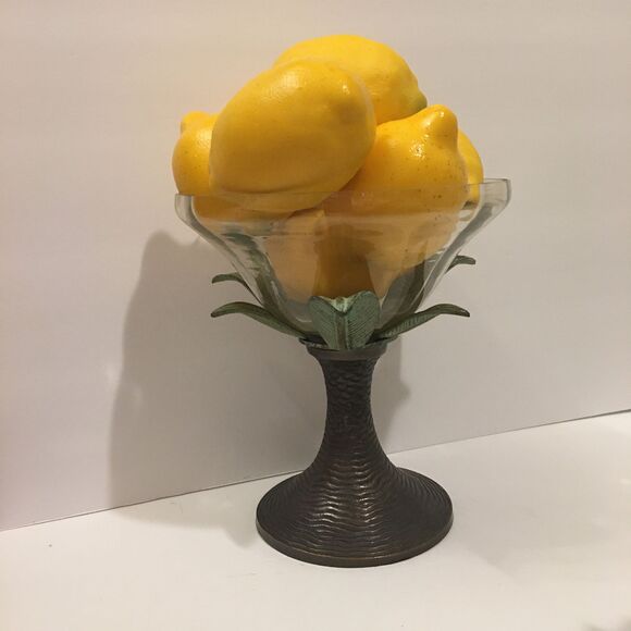 MCM Centerpiece Glass Bowl Green Metal Palm Tree Leaves Tree Trunk Vintage RARE